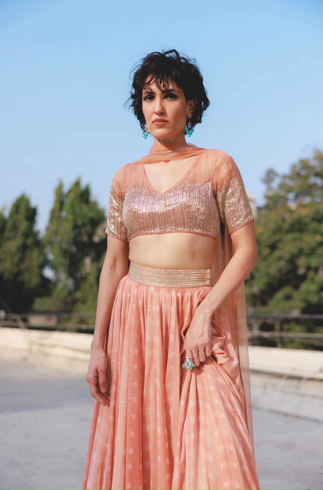 Navya Ghaghra set in Terracotta